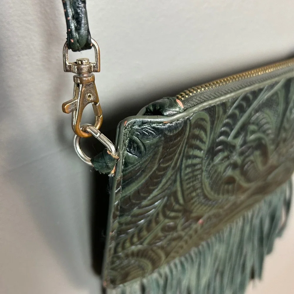Western Festival Fall Crossbody Bag Floral Tooled Fringe Earthy Dark Fairy